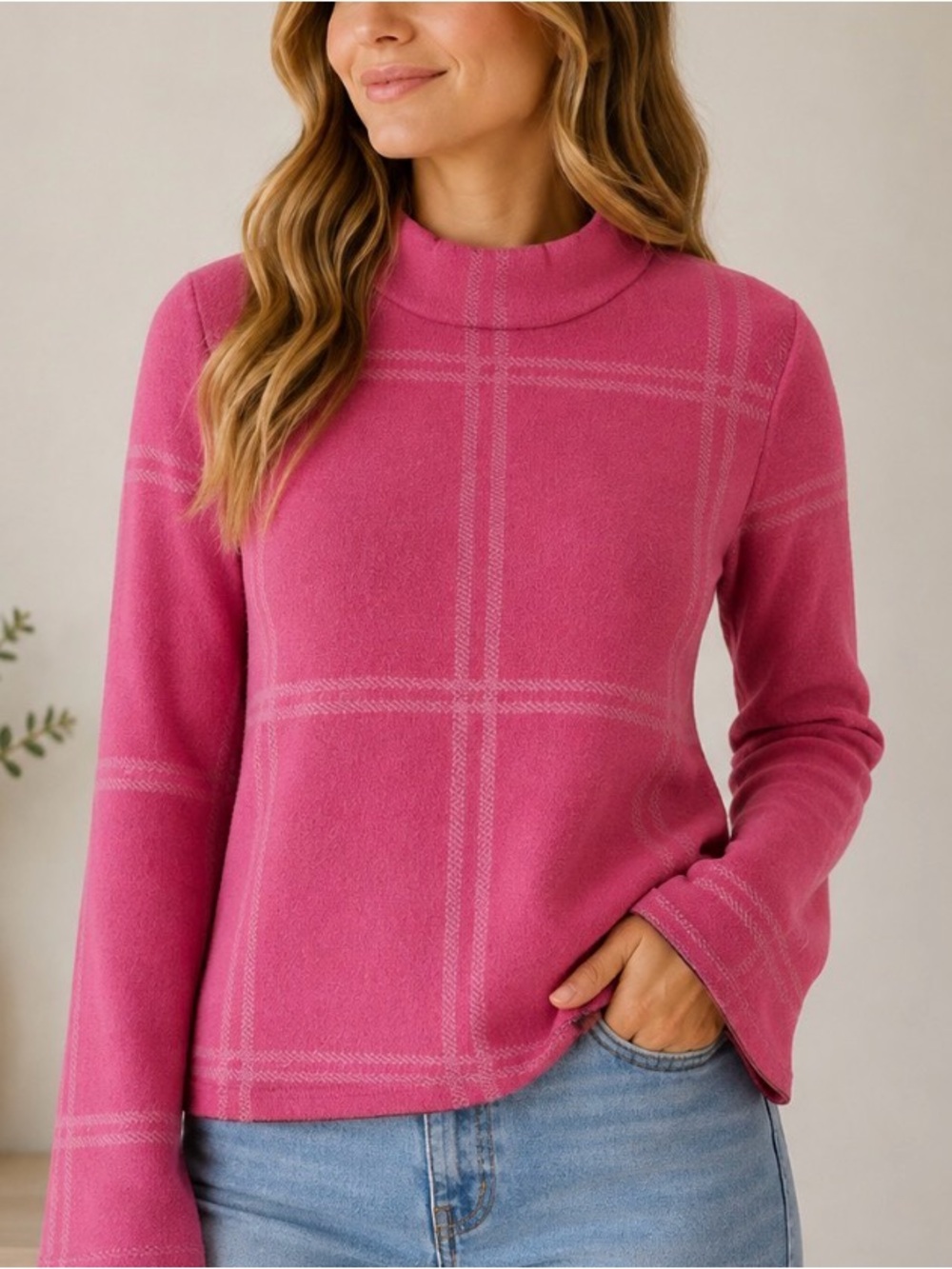 Fate Pink Plaid Mock Neck Sweater